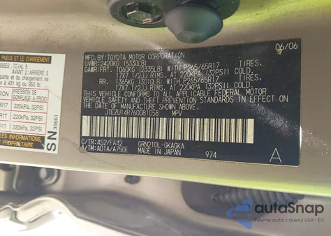 2006 Toyota 4Runner Sr5/Sport z USA, uszkodzony, nr VIN JTEZU14R760081058